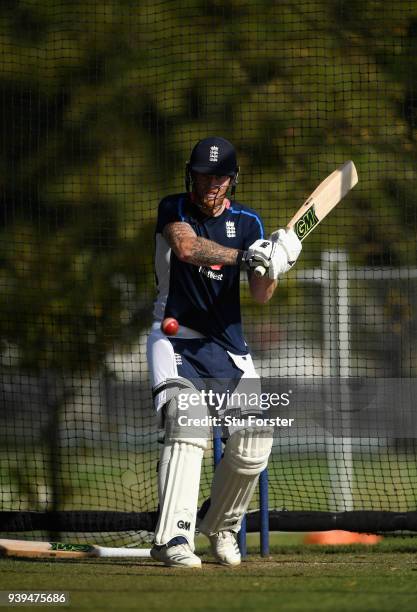 England batsman Ben Stokes in action during England nets ahead of the second test match against the New Zealand Black Caps at Hagley Oval on March...