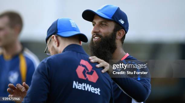 England spinner Moeen Ali shares a joke with Jack Leach during England nets ahead of the second test match against the New Zealand Black Caps at...