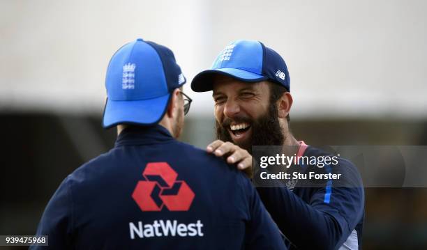 England spinner Moeen Ali shares a joke with Jack Leach during England nets ahead of the second test match against the New Zealand Black Caps at...