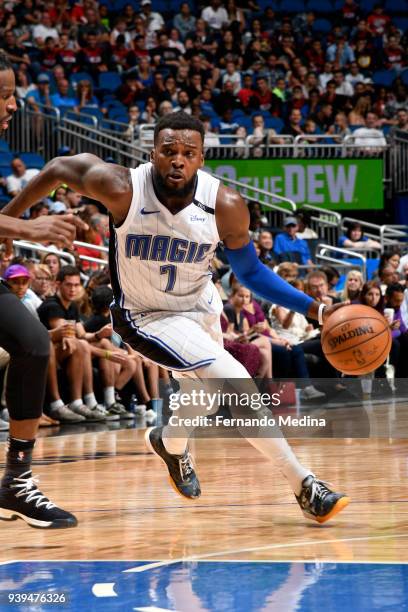 Shelvin Mack of the Orlando Magic handles the ball against the Brooklyn Nets on March 28, 2018 at Amway Center in Orlando, Florida. NOTE TO USER:...