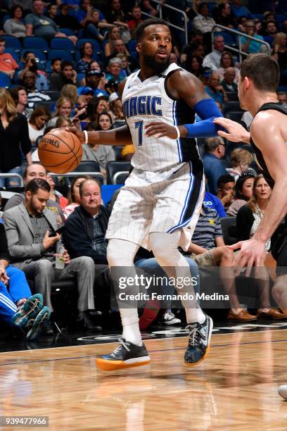 Shelvin Mack of the Orlando Magic handles the ball against the Brooklyn Nets on March 28, 2018 at Amway Center in Orlando, Florida. NOTE TO USER:...