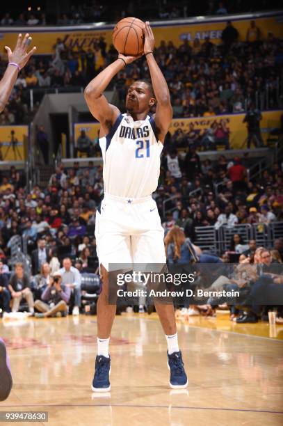 Jalen Jones of the Dallas Mavericks shoots the ball during the game against the Los Angeles Lakers on March 28, 2018 at STAPLES Center in Los...