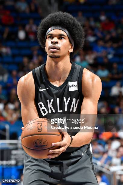 Jarrett Allen of the Brooklyn Nets shoots the ball against the Orlando Magic on March 28, 2018 at Amway Center in Orlando, Florida. NOTE TO USER:...