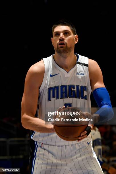 Nikola Vucevic of the Orlando Magic shoots the ball against the Brooklyn Nets on March 28, 2018 at Amway Center in Orlando, Florida. NOTE TO USER:...