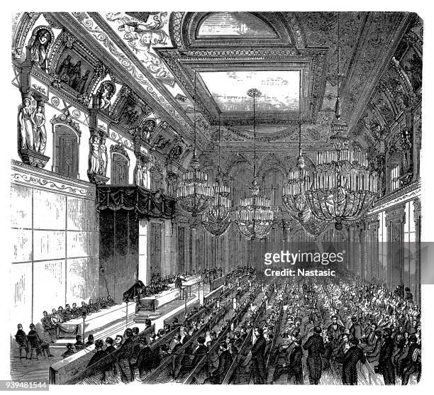 united prussian parliament, assembly in white hall of the royal castle in berlin - dome tent stock illustrations