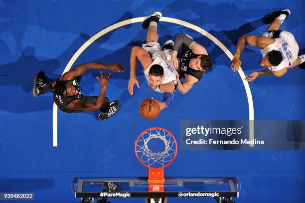 Nikola Vucevic of the Orlando Magic shoots the ball against the Brooklyn Nets on March 28, 2018 at Amway Center in Orlando, Florida. NOTE TO USER:...