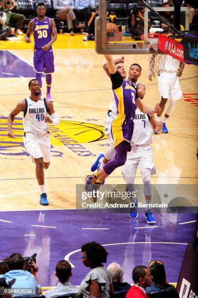 Lonzo Ball of the Los Angeles Lakers shoots the ball during the game against the Dallas Mavericks on March 28, 2018 at STAPLES Center in Los Angeles,...