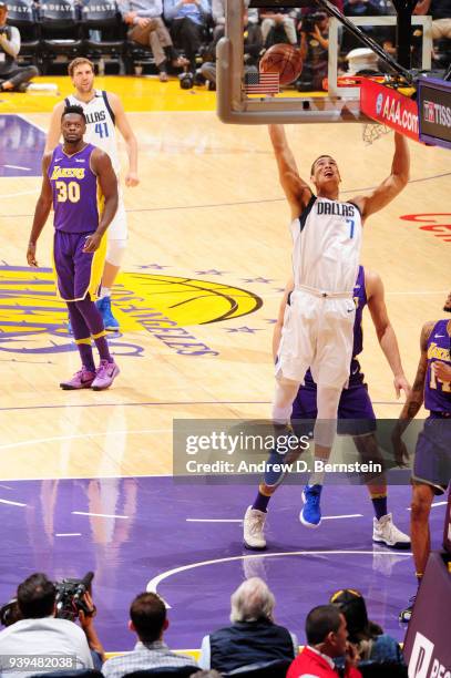 Dwight Powell of the Dallas Mavericks shoots the ball during the game against the Los Angeles Lakers on March 28, 2018 at STAPLES Center in Los...
