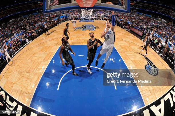 Nikola Vucevic of the Orlando Magic shoots the ball against the Brooklyn Nets on March 28, 2018 at Amway Center in Orlando, Florida. NOTE TO USER:...