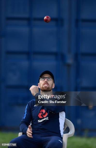 England spinner Jack Leach spins the ball during England nets ahead of the second test match against the New Zealand Black Caps at Hagley Oval on...