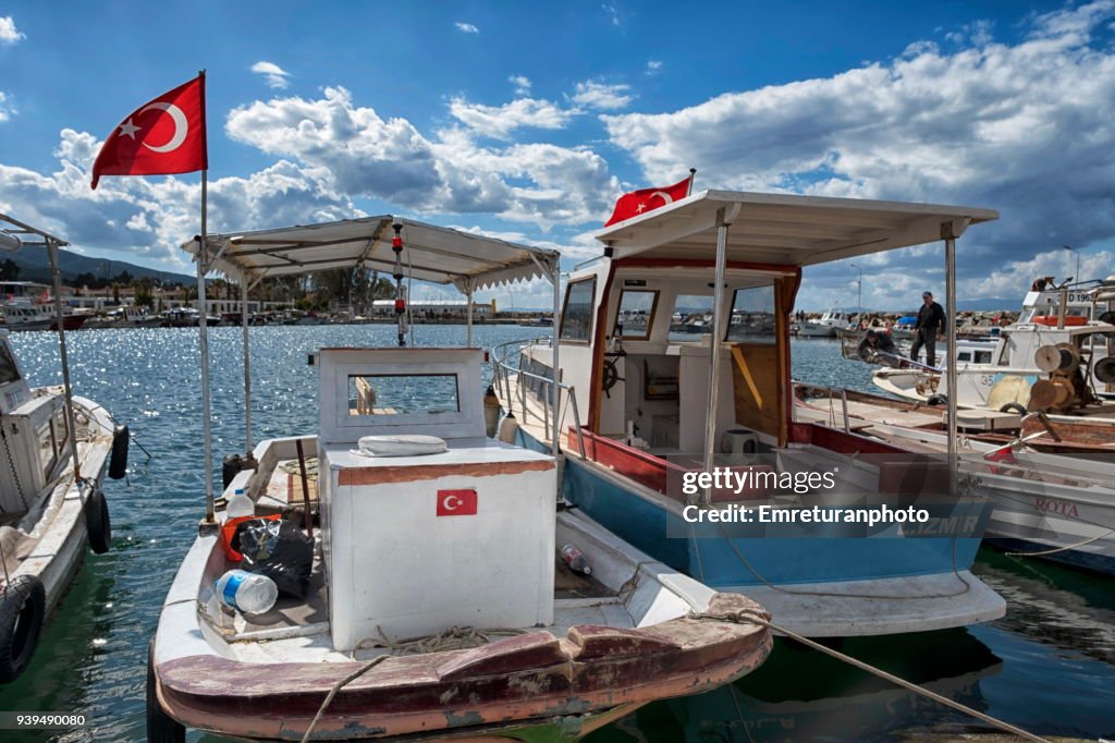 Small wooden fishing boats at Narlidere marina ,Izmir.