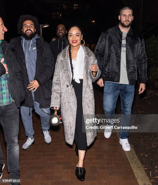 Film director Steven Caple Jr., actress Tessa Thompson and actor/boxer Florian Munteanu are seen leaving Zahav restaurant after 'Creed II' cast...