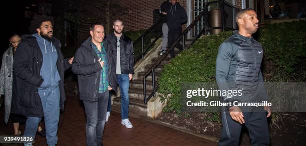 Actress Tessa Thompson, film director Steven Caple Jr., actor/boxer Florian Munteanu and actor Michael B. Jordan are seen leaving Zahav restaurant...