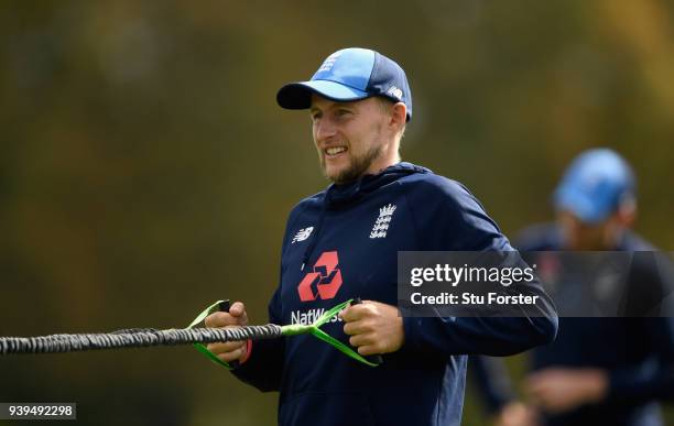 England captain Joe Root stretches during England nets ahead of the second test match against the New Zealand Black Caps at Hagley Oval on March 29,...