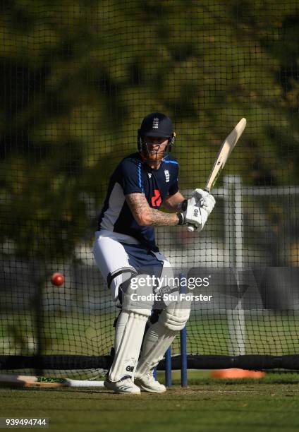 England batsman Ben Stokes in action during England nets ahead of the second test match against the New Zealand Black Caps at Hagley Oval on March...