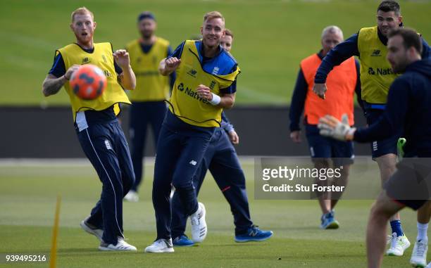 England players Ben Stokes and Stuart Broad react as a shot from James Anderson heads towards goal during England nets ahead of the second test match...
