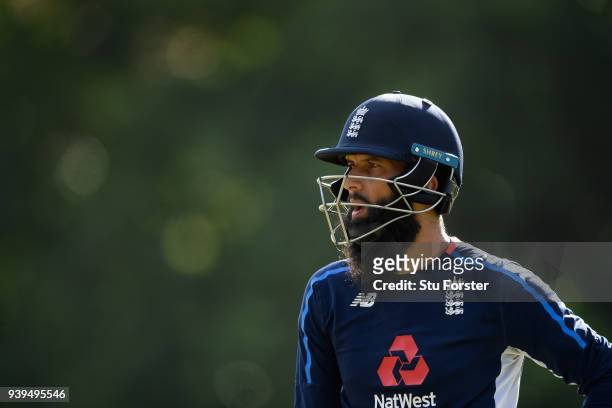 England player Moeen Ali looks on during England nets ahead of the second test match against the New Zealand Black Caps at Hagley Oval on March 29,...