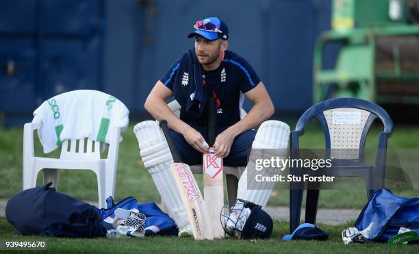 England batsman Mark Stoneman looks on during England nets ahead of the second test match against the New Zealand Black Caps at Hagley Oval on March...