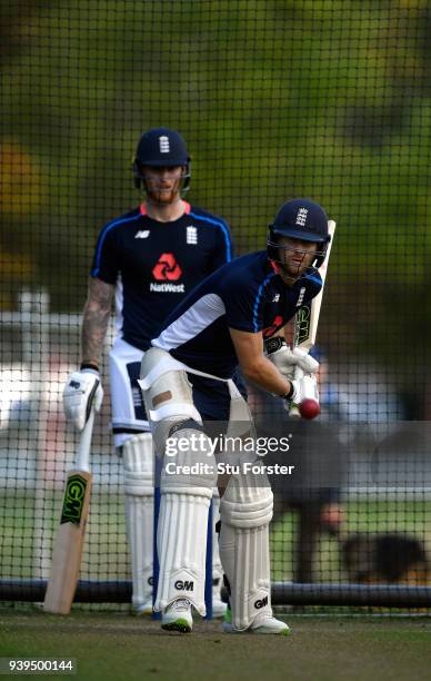 England batsman Dawid Malan in action watched by Ben Stokes during England nets ahead of the second test match against the New Zealand Black Caps at...