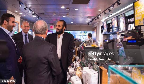 Crown Prince of Saudi Arabia Mohammed bin Salman Al Saud meets with Bloomberg founder and former NYC Mayor Michael A. Bloomberg and Ambassador of the...