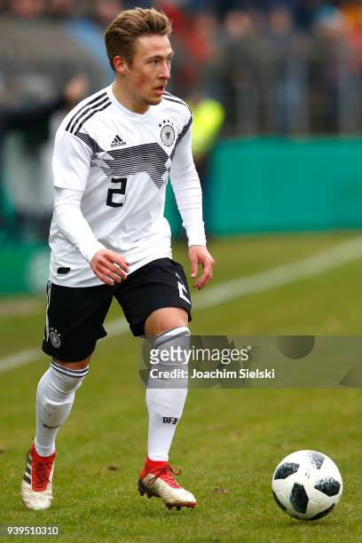Felix Passlack of Germany plays the ball during the international friendly match between U20 Germany and U20 Poland at Energieversum Stadion im...