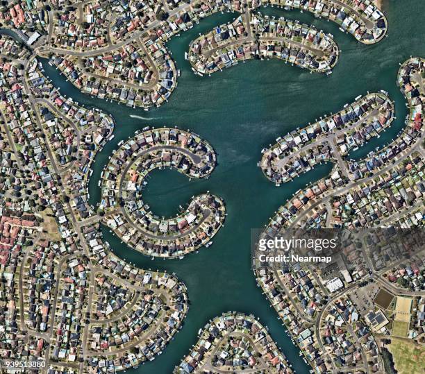 aerial view, australia, bay, boats, city, cityscape, marine, new south wales, outdoors, overhead view, photography, pier, sydney, yachts, c-letter-island, roofs of houses - new south wales aerial stock pictures, royalty-free photos & images