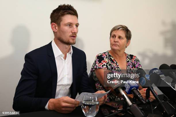 Australian test Cricket player Cameron Bancroft addresses the media with WACA CEO Christina Matthews at the WACA on March 29, 2018 in Perth,...