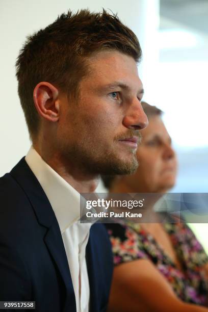 Australian test Cricket player Cameron Bancroft addresses the media with WACA CEO Christina Matthews at the WACA on March 29, 2018 in Perth,...