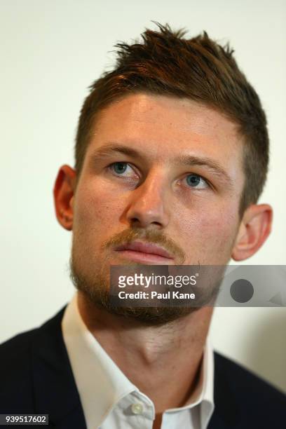 Australian test Cricket player Cameron Bancroft addresses the media at the WACA on March 29, 2018 in Perth, Australia. Bancroft returns home to Perth...