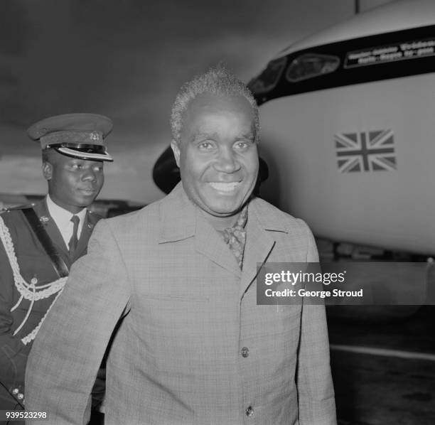 First President of Zambia Kenneth Kaunda arrives at Heathrow Airport, London, UK, 16th July 1968.