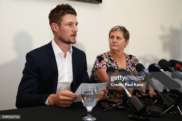 Australian test Cricket player Cameron Bancroft addresses the media with WACA CEO Christina Matthews at the WACA on March 29, 2018 in Perth,...