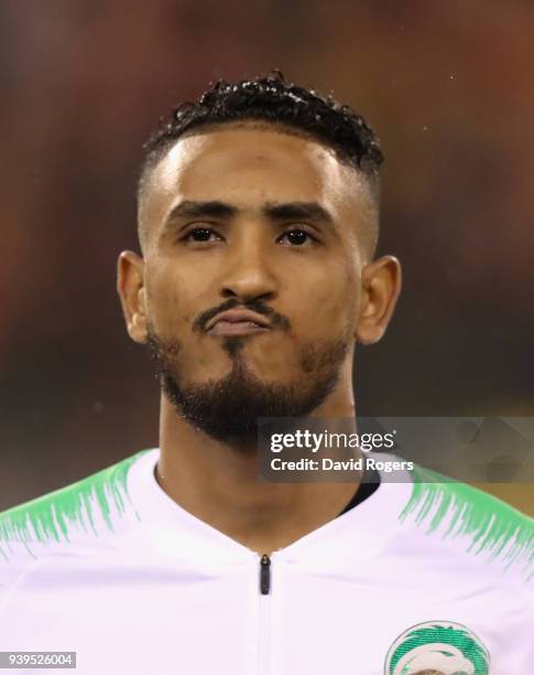Salem Aldawsari of Saudi Arabia looks on during the international friendly match between Belgium and Saudi Arabia at the King Baudouin Stadium on...