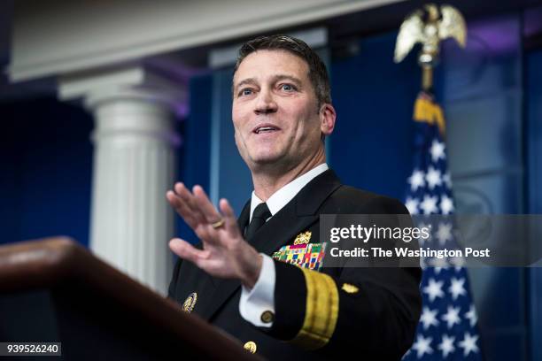 White House physician Dr. Ronny Jackson speaks to reporters during the daily briefing in the Brady press briefing room at the White House in...