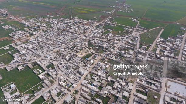 An Aerial view of YPG/PKK-held Syrian city of Tal Rifaat is seen on March 28, 2018. Locals from the Syrian city of Tal Rifaat in northern Aleppo and...