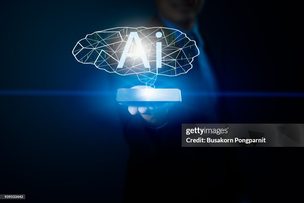 Business man hand holding smartphone and Artificial intelligence data system software, genetic programming