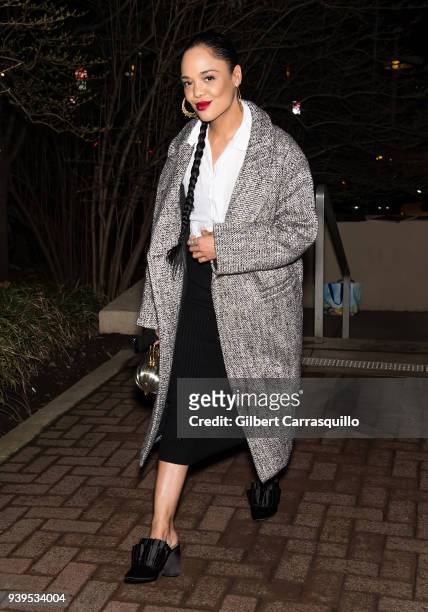 Actress Tessa Thompson is seen leaving Zahav restaurant after a 'Creed II' cast dinner on March 28, 2018 in Philadelphia, Pennsylvania.