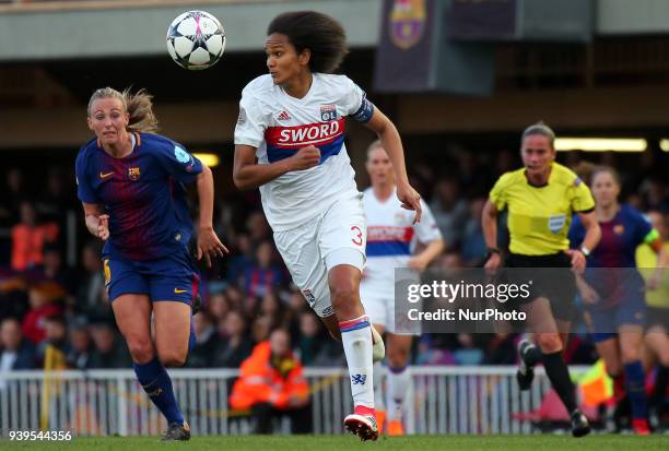 Wendie Renard and Toni Duggan during the match between FC Barcelona and Olympique de Lyon, for the secong leg of the 1/4 final of the Womens UEFA...