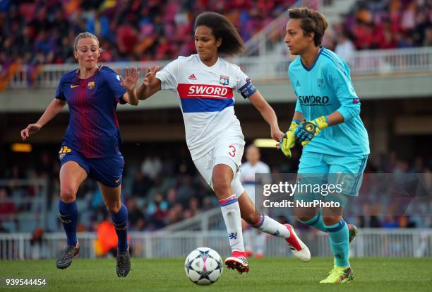 Wendie Renard, Toni Duggan and Sarah Bouhaddi during the match between FC Barcelona and Olympique de Lyon, for the secong leg of the 1/4 final of the...