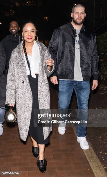 Actress Tessa Thompson and actor/boxer Florian Munteanu are seen leaving Zahav restaurant after 'Creed II' cast dinner on March 28, 2018 in...