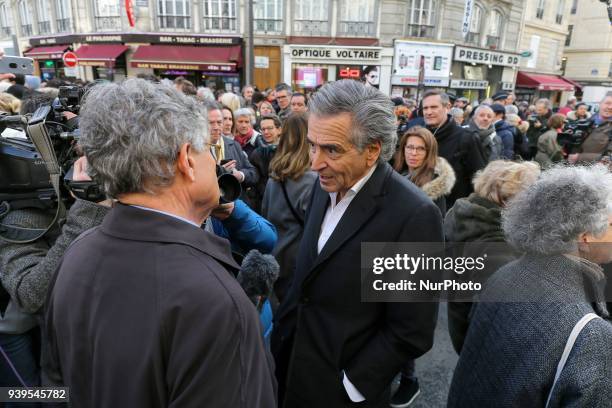 French philosopher and co-screenwriter Bernard-Henry Levy takes part in a silent march in Paris on March 28 in memory of Mireille Knoll, an...