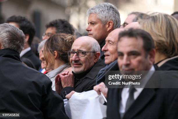 Conseil Representatif des Institutions Juives de France President Francis Kalifat walk during a silent march in Paris on March 28 in memory of...