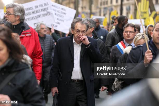 Member of the Academie Francaise , French philosopher Alain Finkielkraut walk during a silent march in Paris on March 28 in memory of Mireille Knoll,...