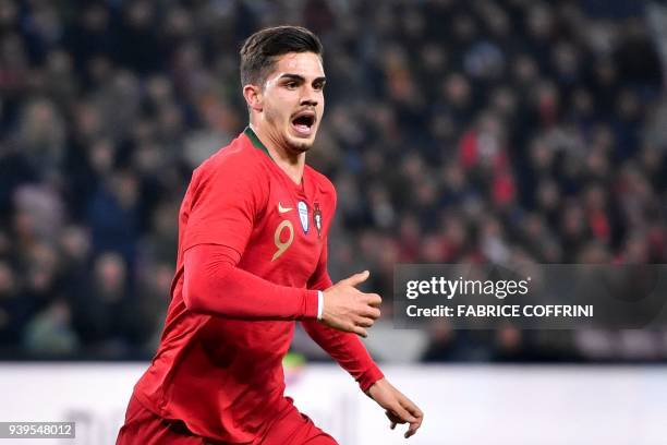 Portugal's forward Andre Silva reacts during the international friendly football match between Portugal and Netherlands at Stade de Geneve stadium in...