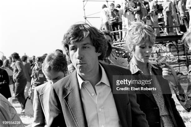 Activist Tom Hayden and his wife, actress Jane Fonda at the No Nukes Muse Rally in Battery Park City in New York City on September 23, 1979.