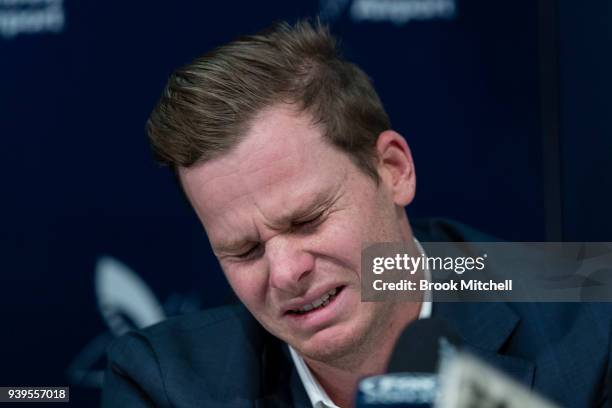 An emotional Steve Smith, the former Australian Test Cricket Captain, fronts the media at Sydney International Airport on March 29, 2018 in Sydney,...