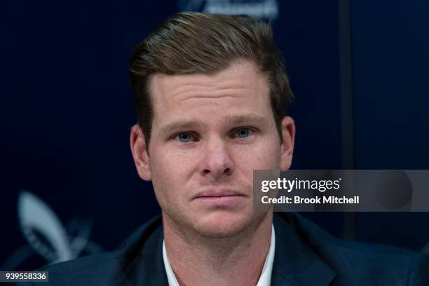 An emotional Steve Smith, the former Australian Test Cricket Captain, confronts the media at Sydney International Airport on March 29, 2018 in...