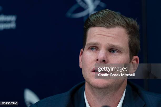 An emotional Steve Smith, the former Australian Test Cricket Captain, confronts the media at Sydney International Airport on March 29, 2018 in...