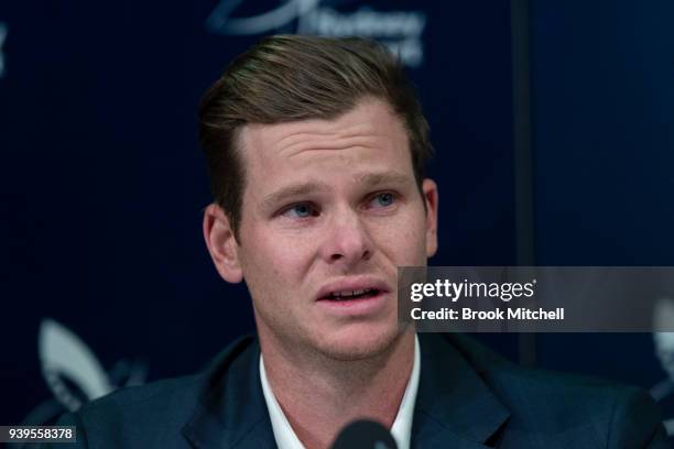 An emotional Steve Smith, the former Australian Test Cricket Captain, confronts the media at Sydney International Airport on March 29, 2018 in...