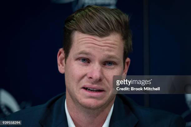 An emotional Steve Smith, the former Australian Test Cricket Captain, confronts the media at Sydney International Airport on March 29, 2018 in...
