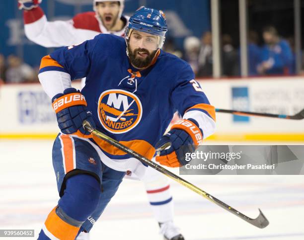 Nick Leddy of the New York Islanders skates during the first period against the Montreal Canadiens at Barclays Center on March 2, 2018 in New York...